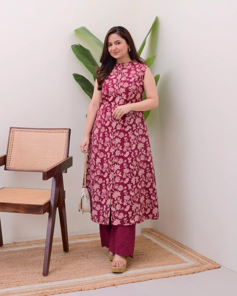 Gorgeous Maroon Pure Cotton Floral Printed Kurta Set