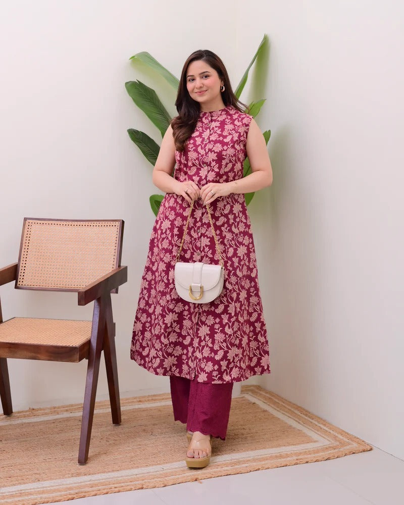 Gorgeous Maroon Pure Cotton Floral Printed Kurta Set