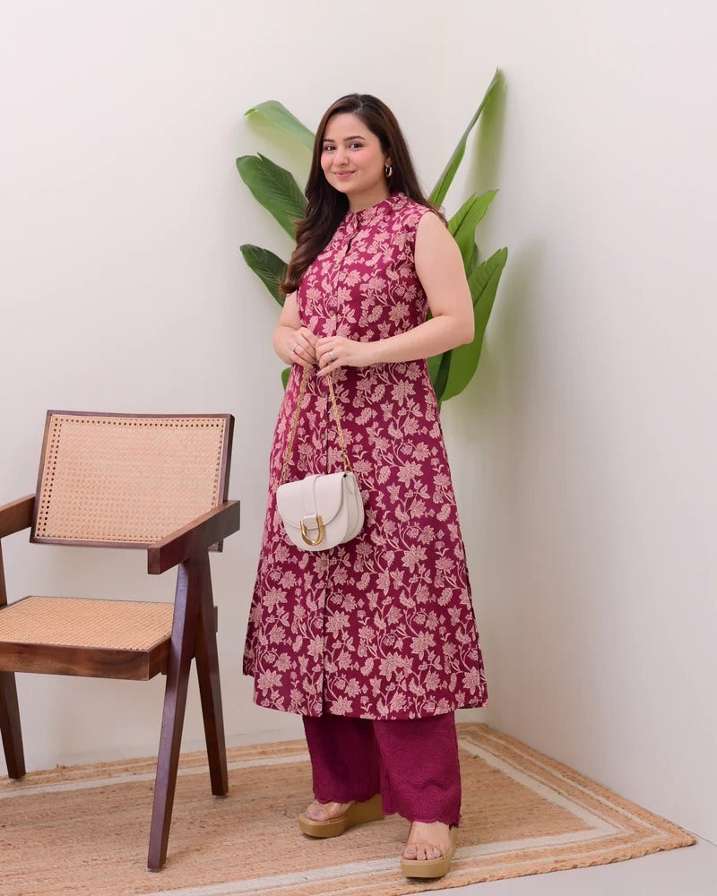 Gorgeous Maroon Pure Cotton Floral Printed Kurta Set