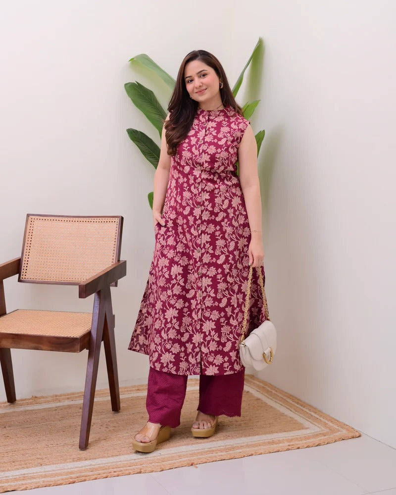 Gorgeous Maroon Pure Cotton Floral Printed Kurta Set