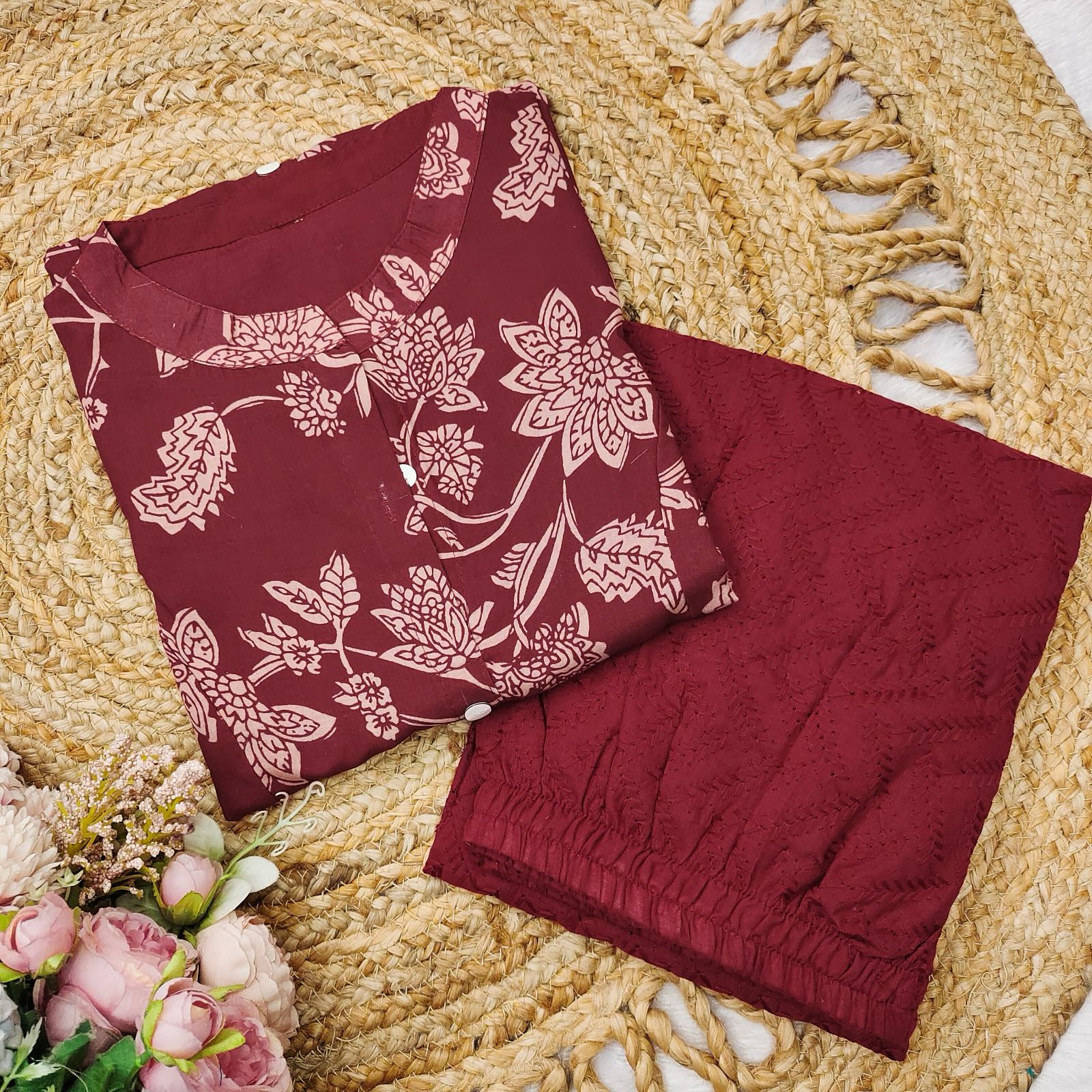 Gorgeous Maroon Pure Cotton Floral Printed Kurta Set
