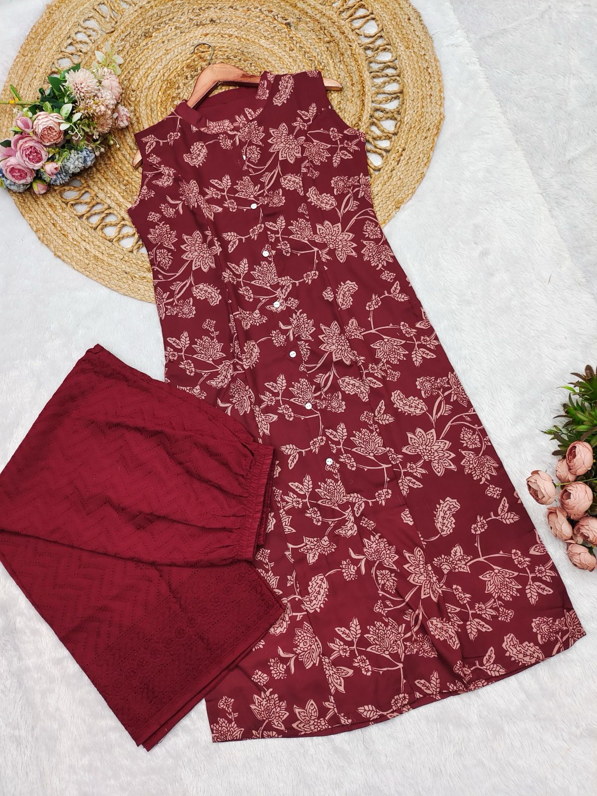 Gorgeous Maroon Pure Cotton Floral Printed Kurta Set