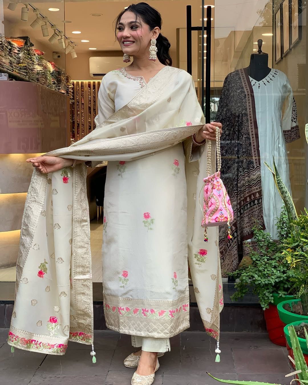 Blooming Pestal Grey Roman Silk Floral Embroidery Work Suit Set