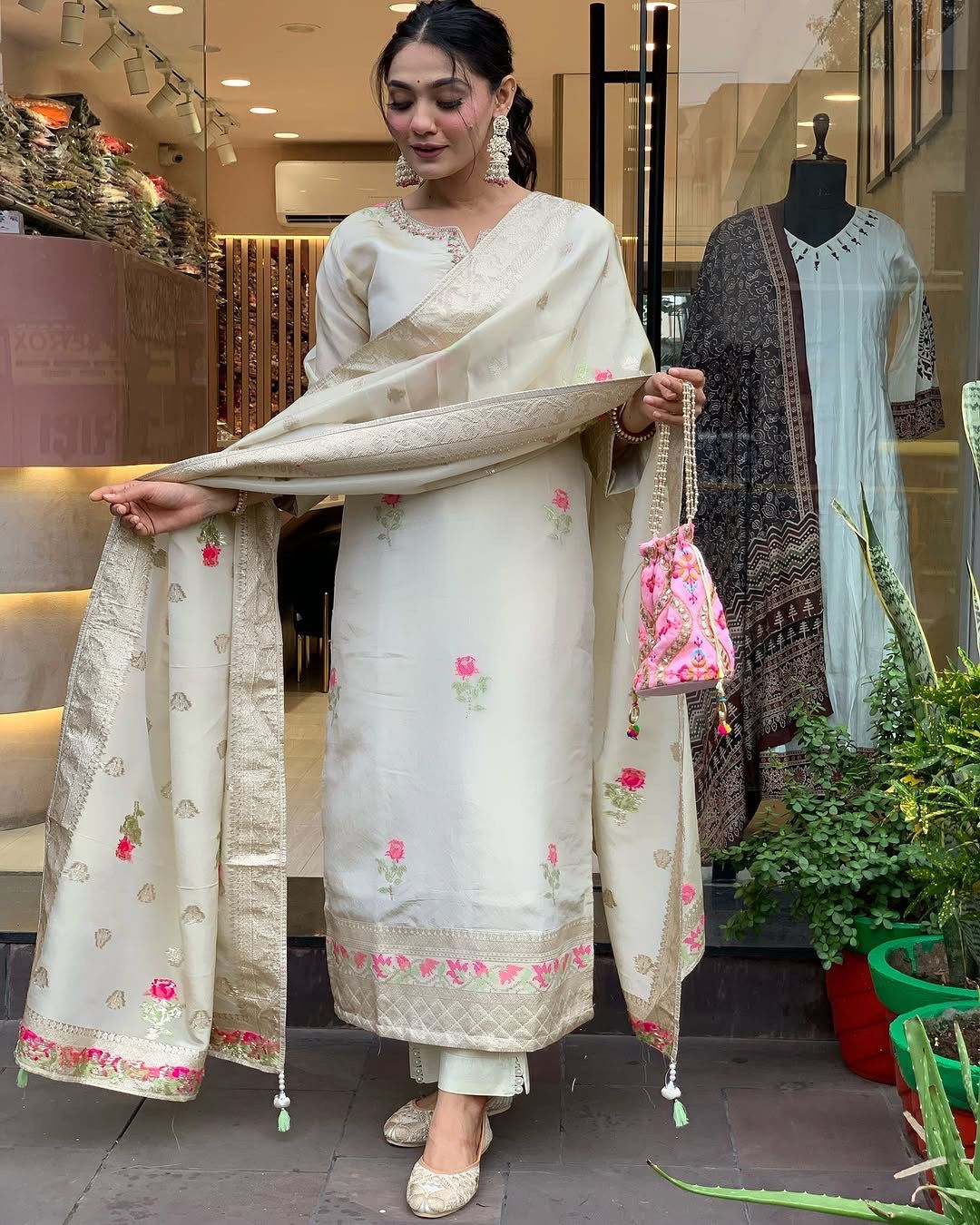 Blooming Pestal Grey Roman Silk Floral Embroidery Work Suit Set