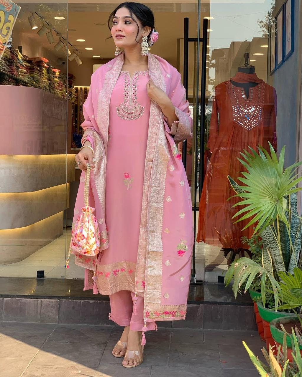 Attractive Blush Pink Roman Silk Floral Embroidery Work Suit Set