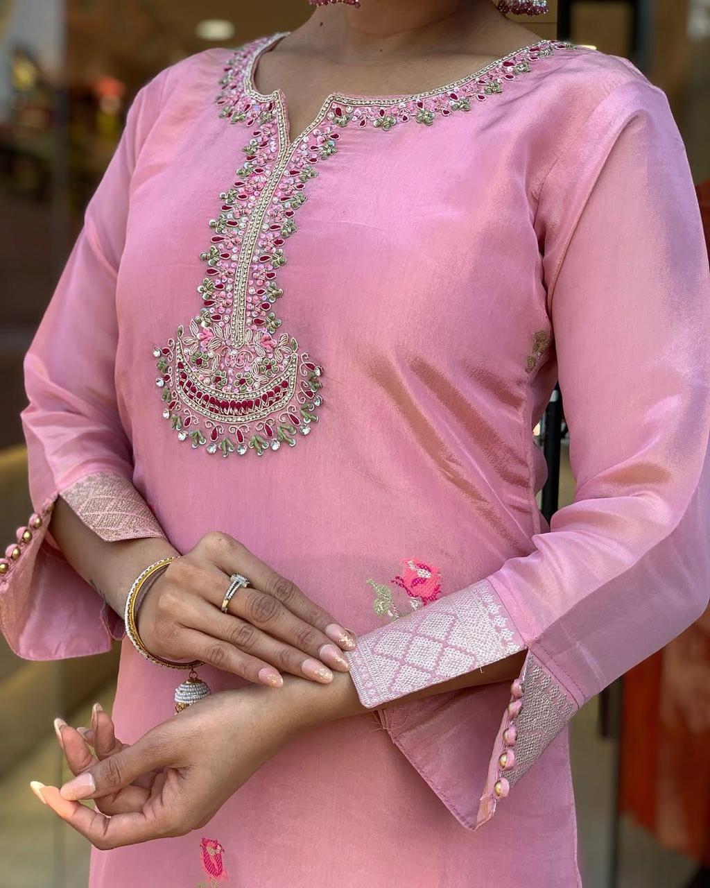 Attractive Blush Pink Roman Silk Floral Embroidery Work Suit Set