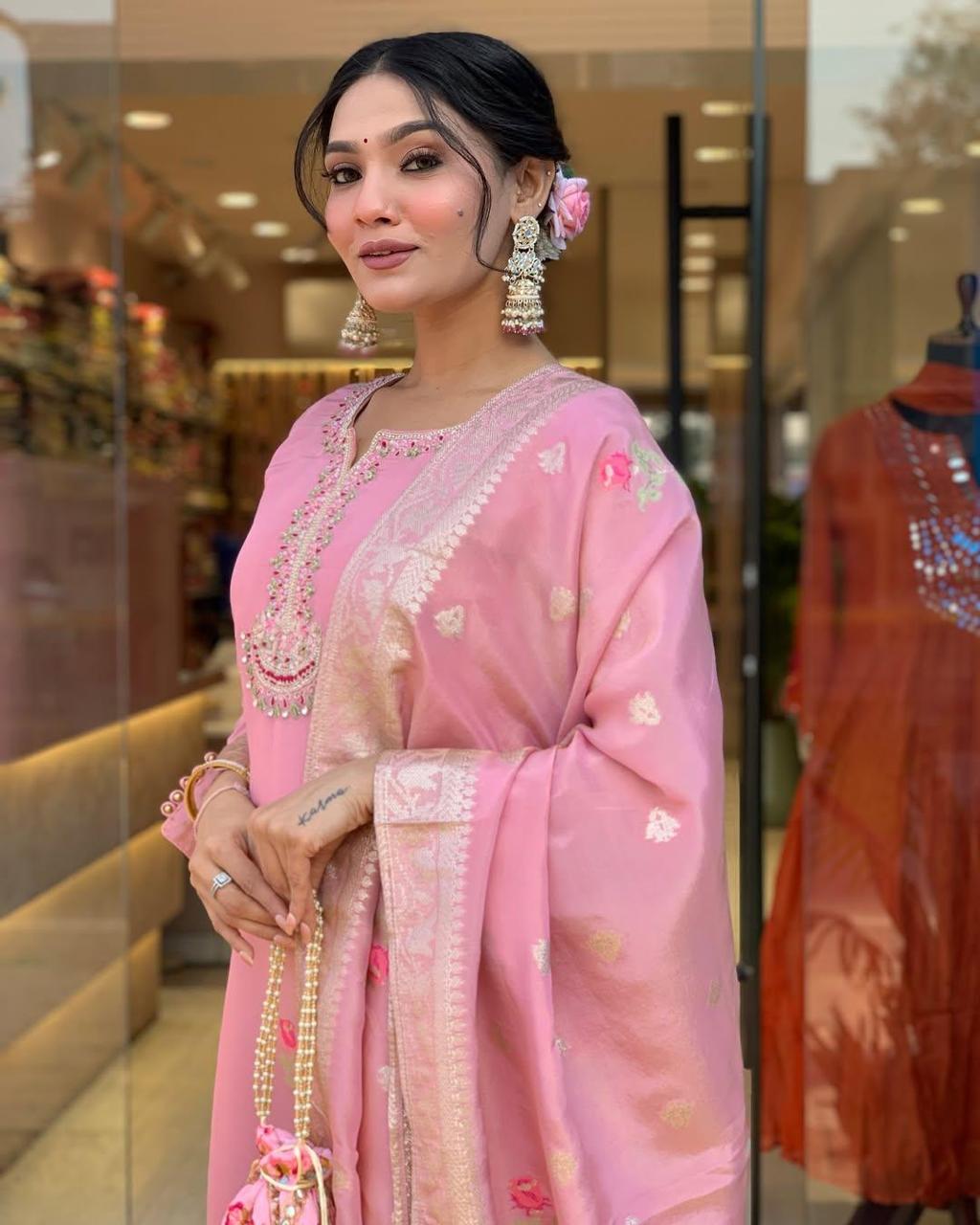 Attractive Blush Pink Roman Silk Floral Embroidery Work Suit Set