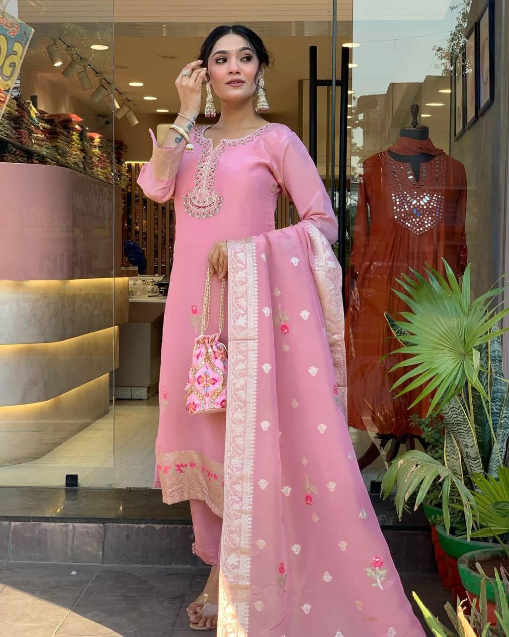 Attractive Blush Pink Roman Silk Floral Embroidery Work Suit Set