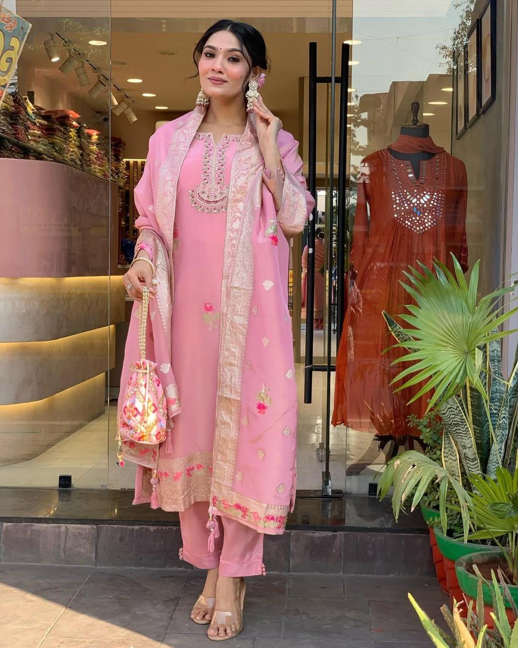 Attractive Blush Pink Roman Silk Floral Embroidery Work Suit Set