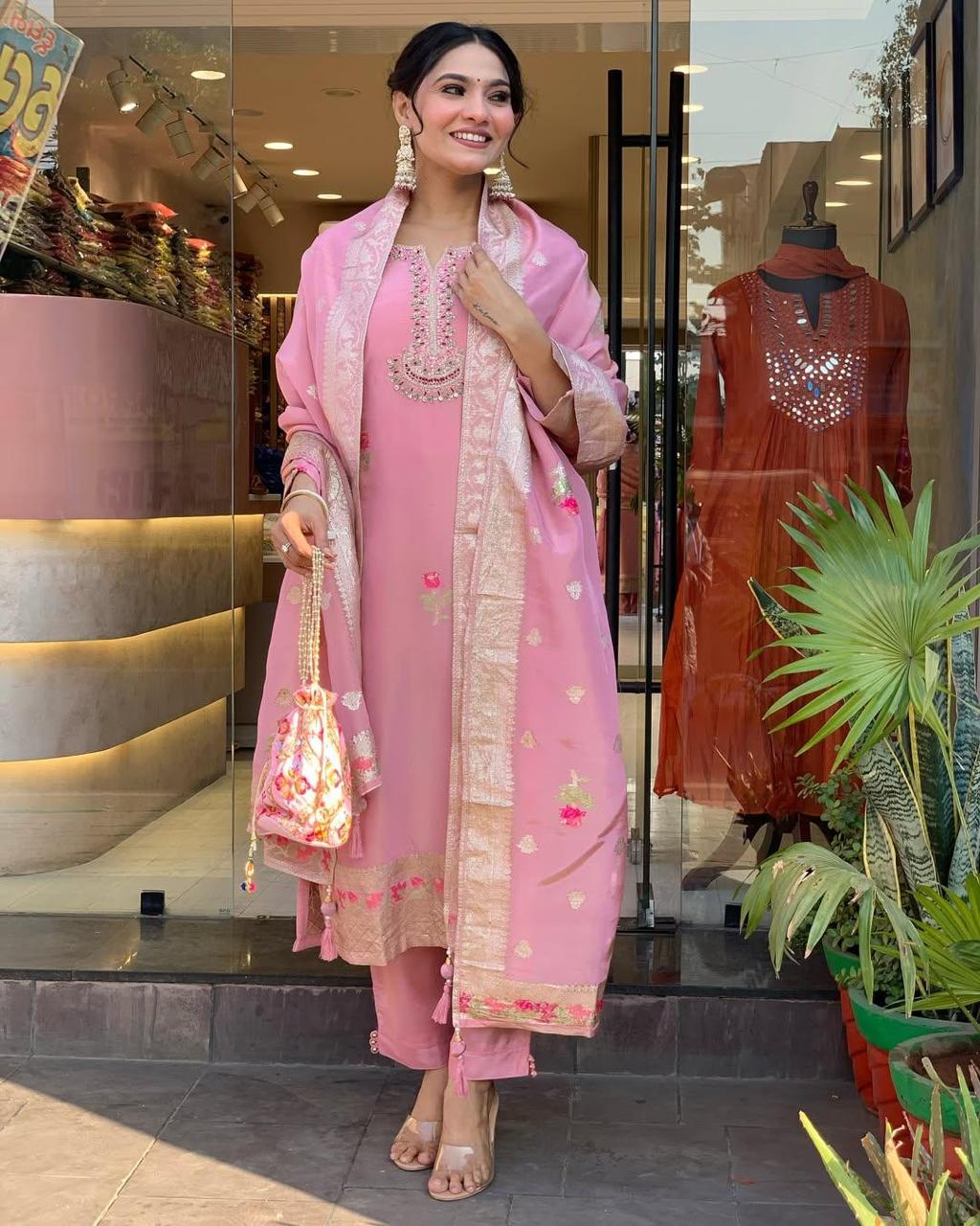 Attractive Blush Pink Roman Silk Floral Embroidery Work Suit Set