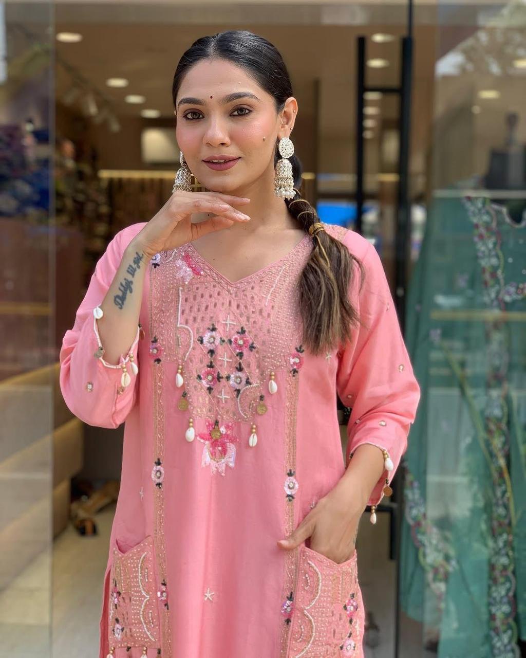 Pulsating Pink Sequence Embroidery with Kodi Work Suit Set