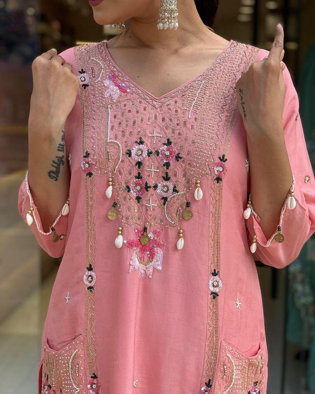 Pulsating Pink Sequence Embroidery with Kodi Work Suit Set