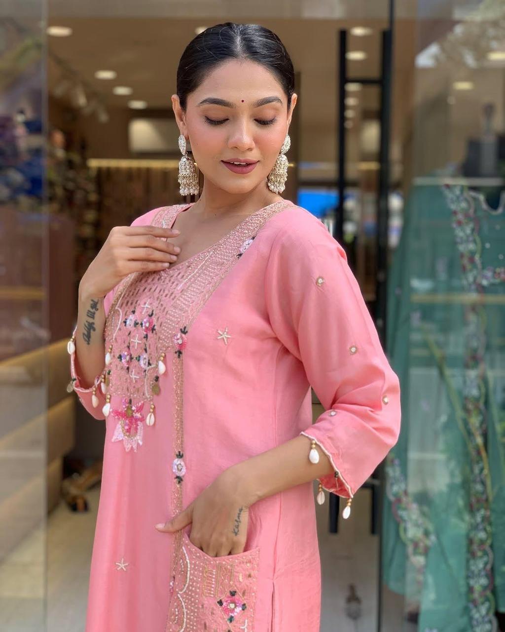 Pulsating Pink Sequence Embroidery with Kodi Work Suit Set