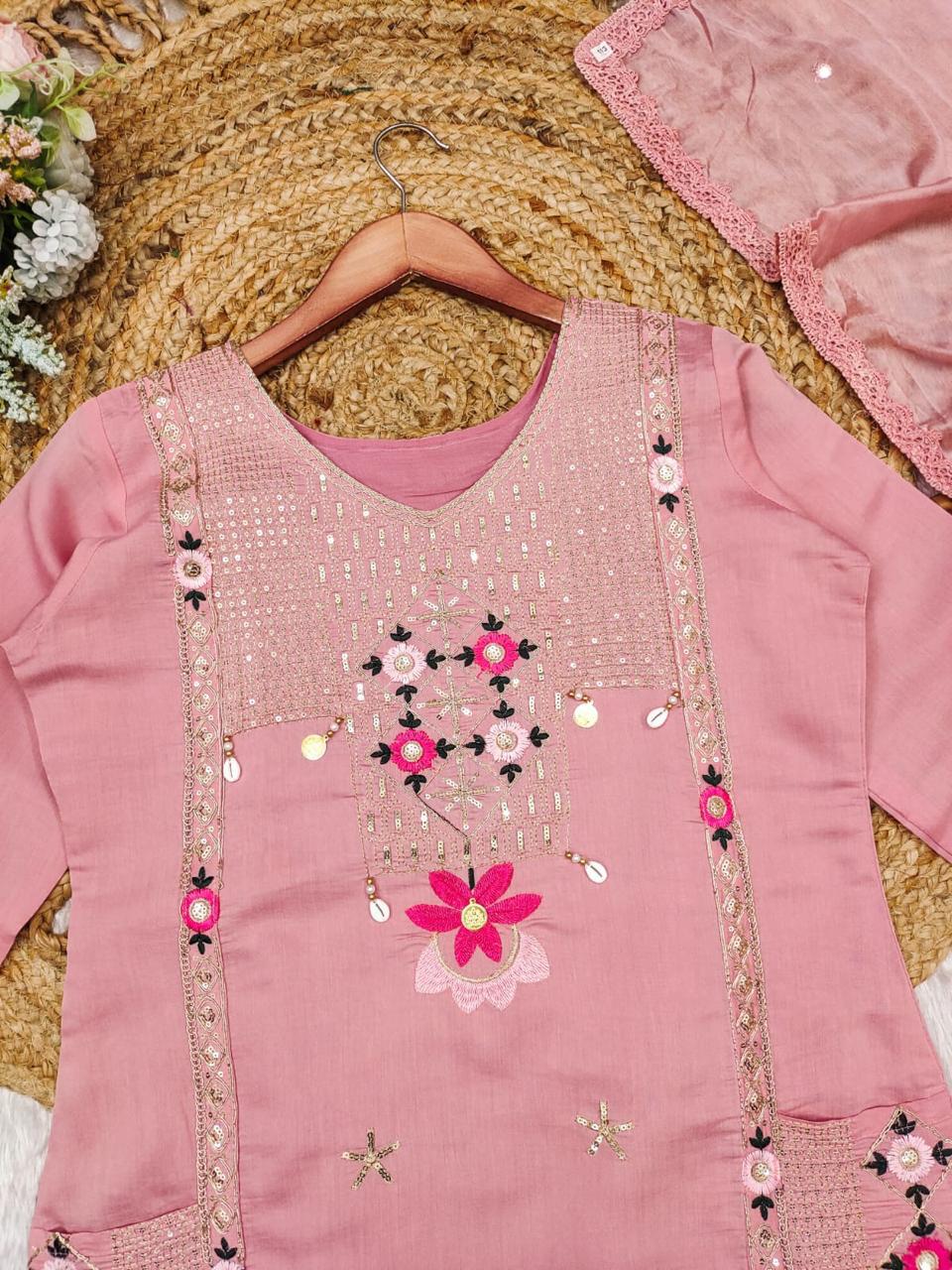 Pulsating Pink Sequence Embroidery with Kodi Work Suit Set