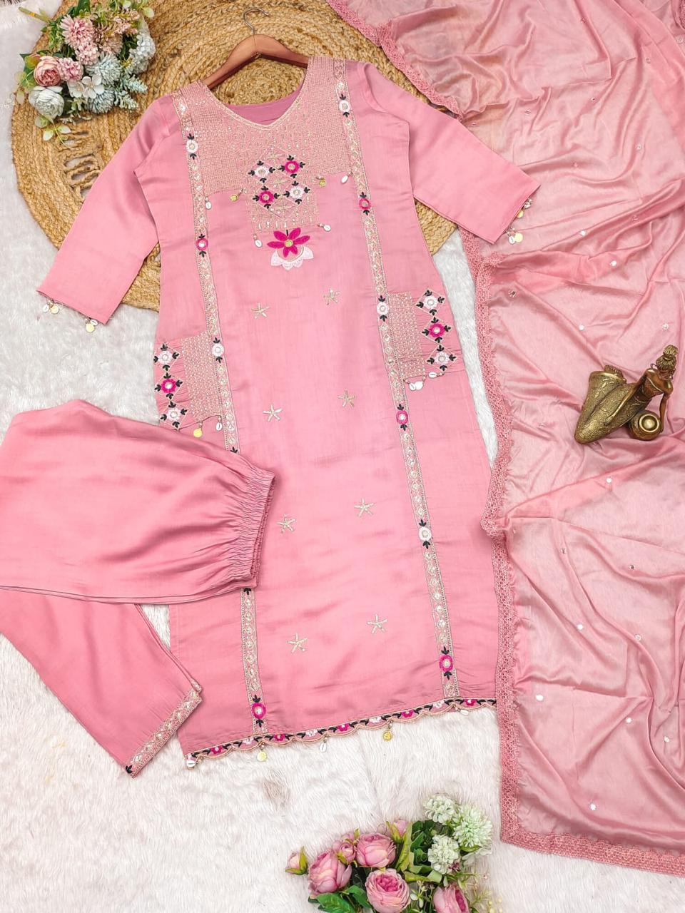 Pulsating Pink Sequence Embroidery with Kodi Work Suit Set
