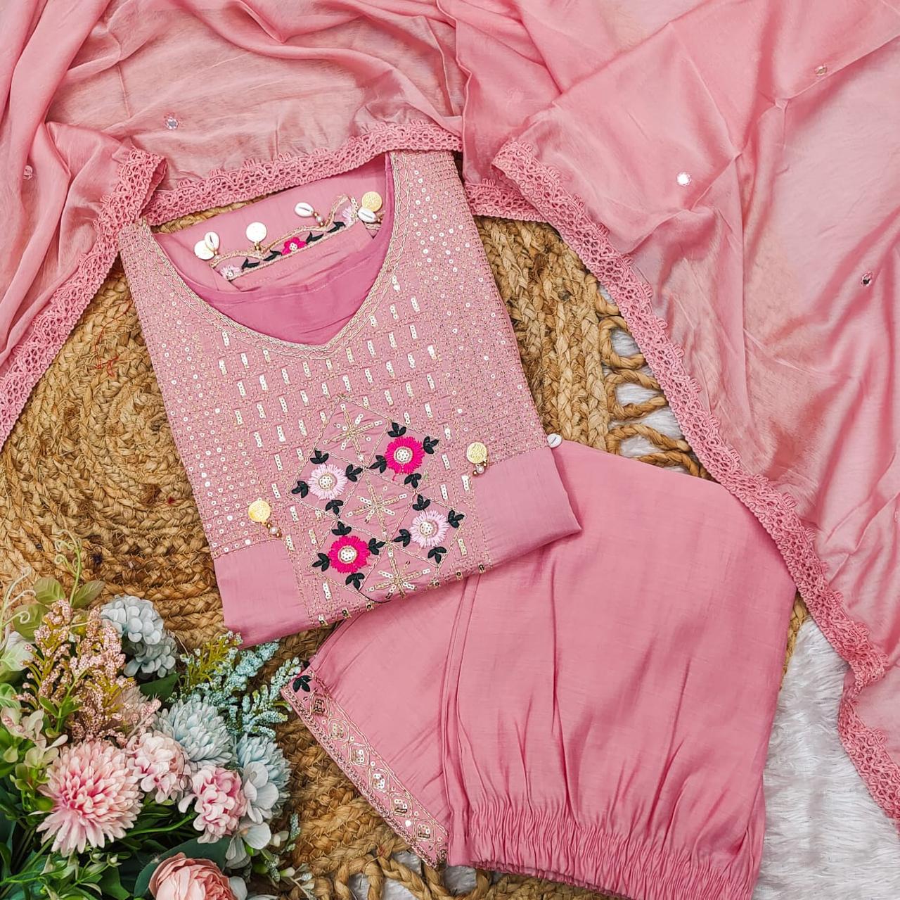 Pulsating Pink Sequence Embroidery with Kodi Work Suit Set