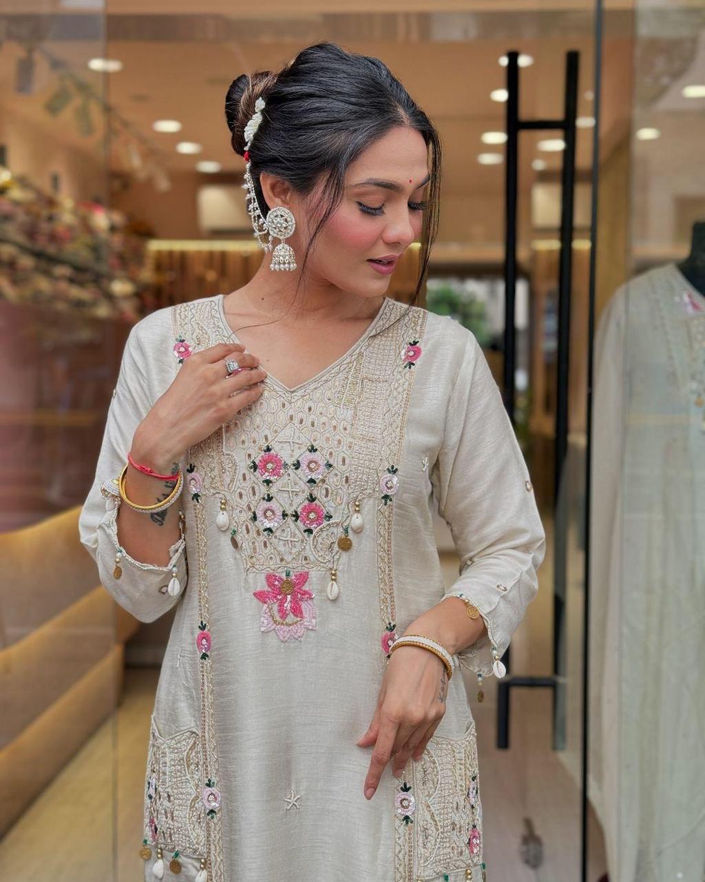 Pestal Grey Roman Sequence Embroidery with Kodi Work Suit Set