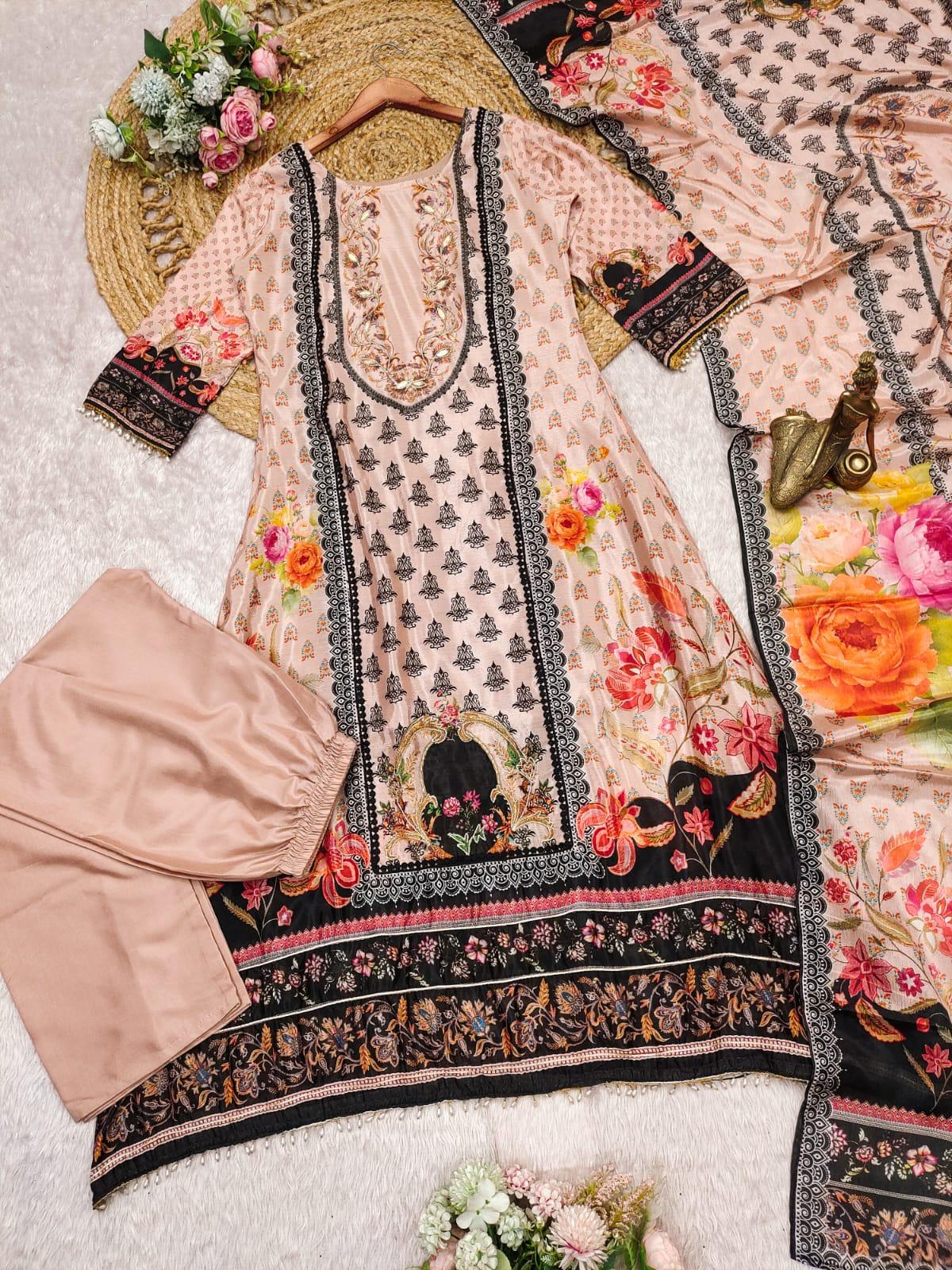 Marvellous Multicolour Chinon Digital Print Embroidery Work Suit Set