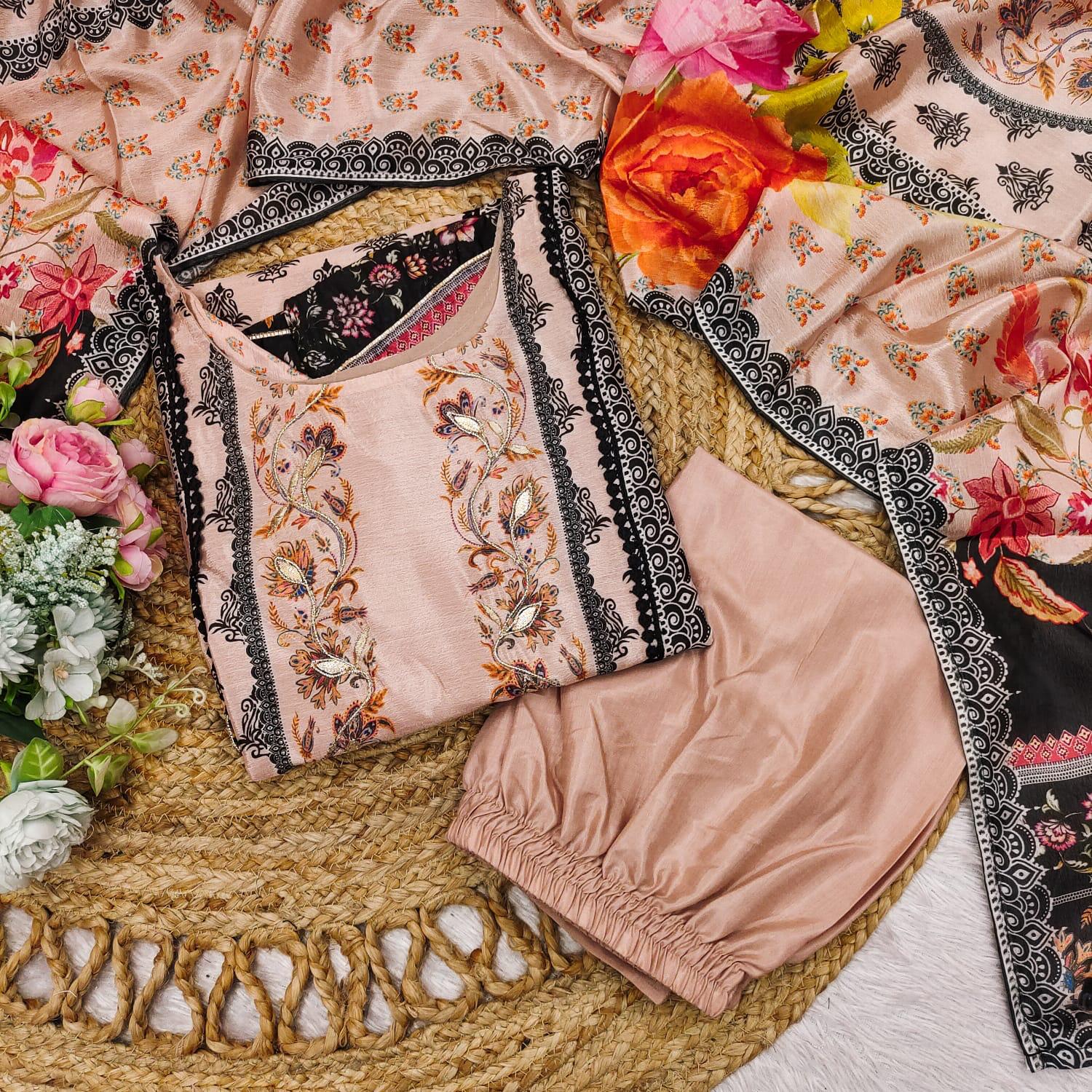 Marvellous Multicolour Chinon Digital Print Embroidery Work Suit Set