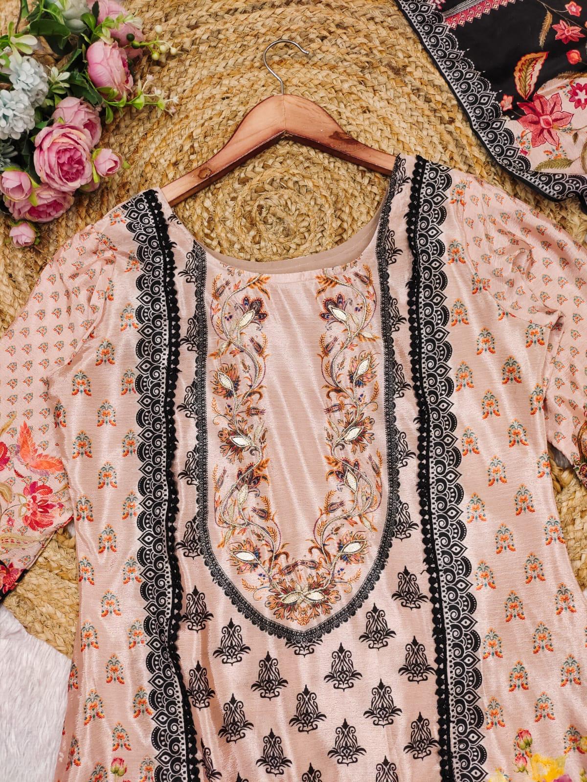 Marvellous Multicolour Chinon Digital Print Embroidery Work Suit Set