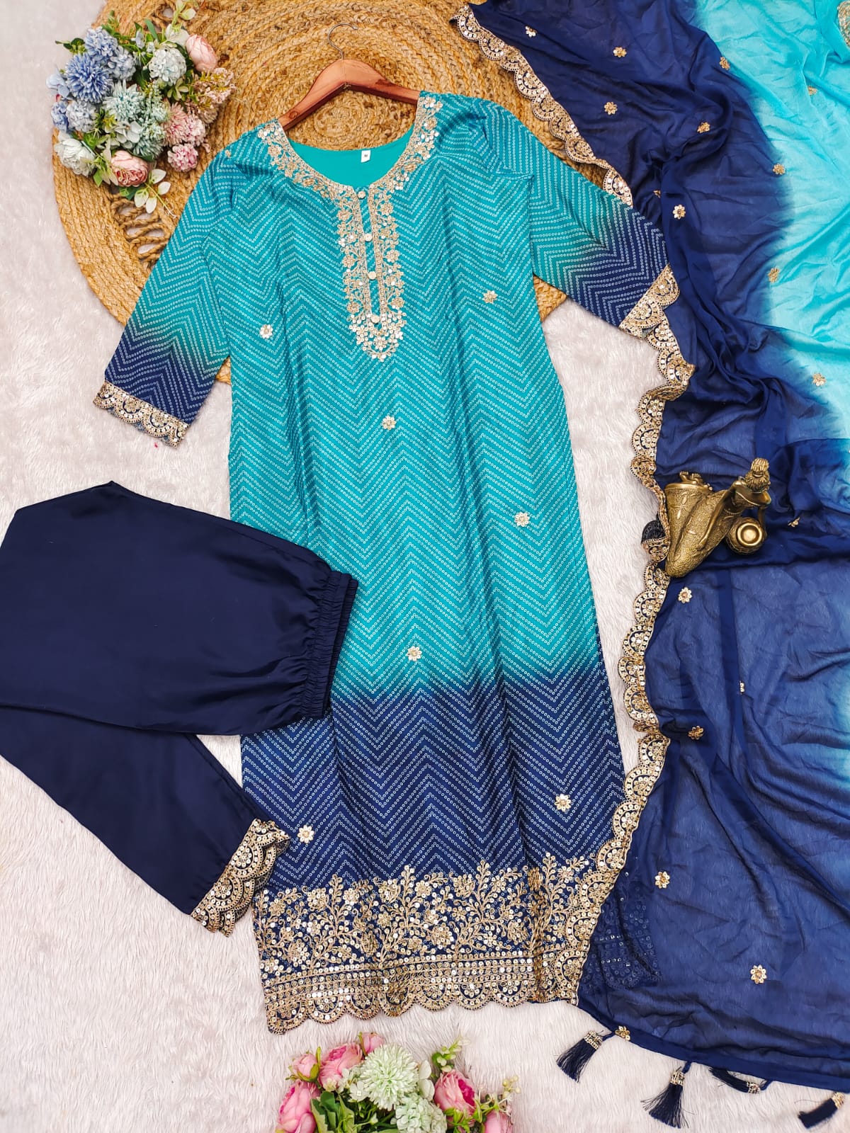 Deserving Blue Groovy Yellow Chinon Bandhani With Gota Patti Work Suit Set