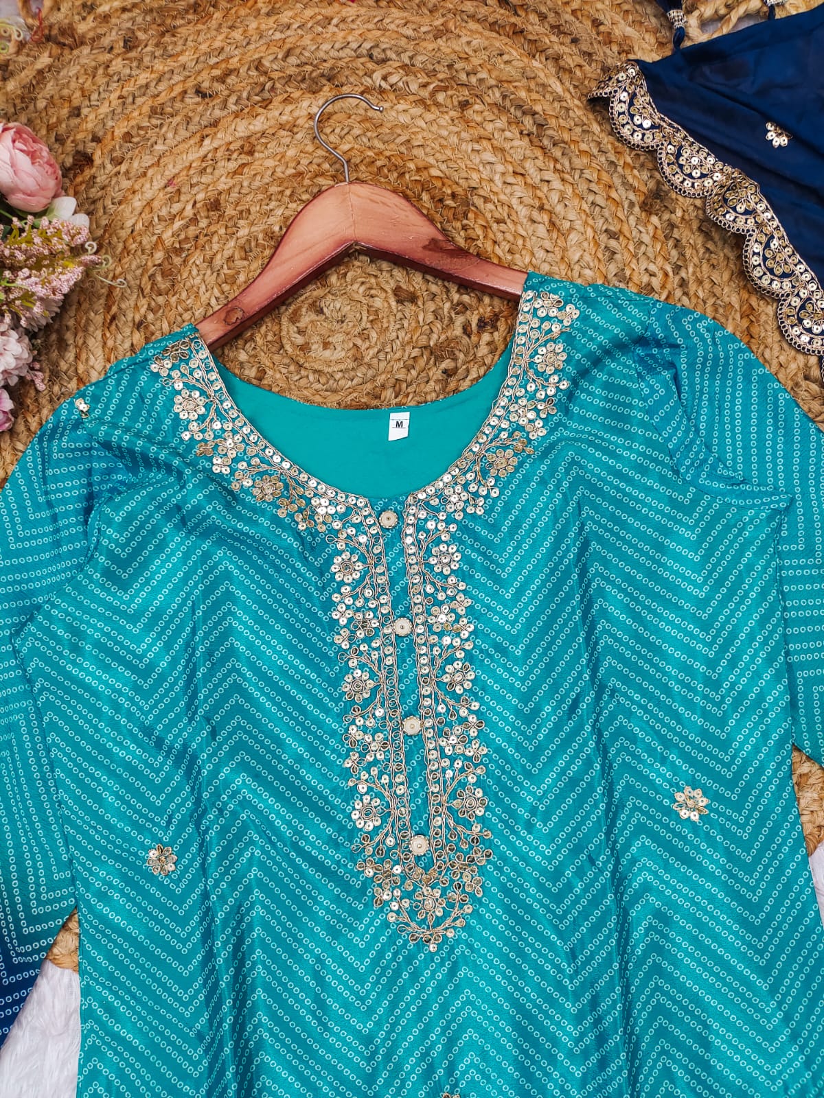 Deserving Blue Groovy Yellow Chinon Bandhani With Gota Patti Work Suit Set