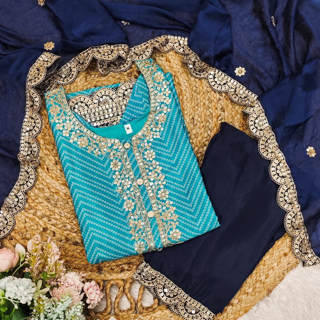 Deserving Blue Groovy Yellow Chinon Bandhani With Gota Patti Work Suit Set