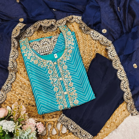 Deserving Blue Groovy Yellow Chinon Bandhani With Gota Patti Work Suit Set