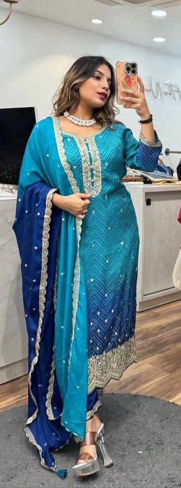 Deserving Blue Groovy Yellow Chinon Bandhani With Gota Patti Work Suit Set