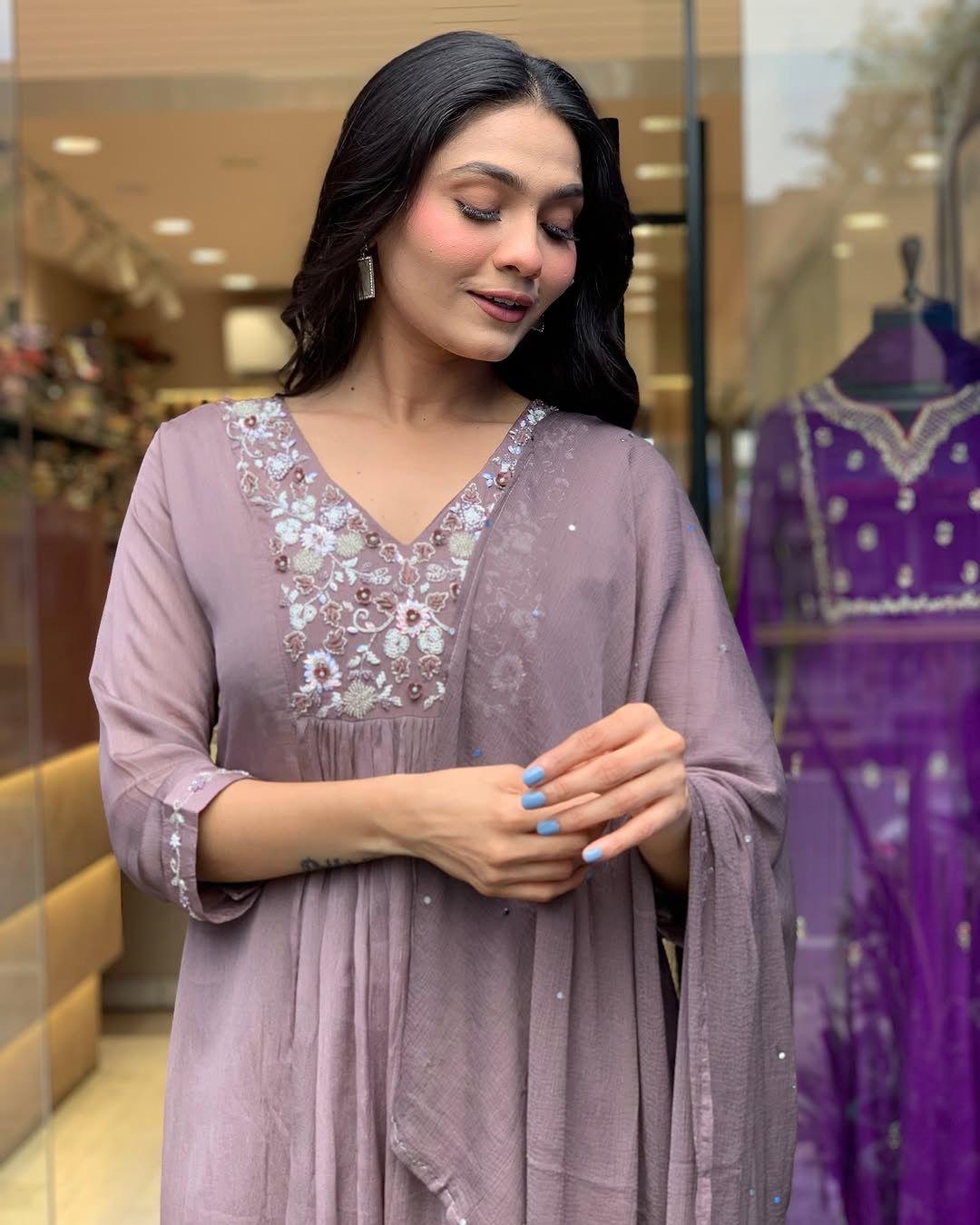 Prominent Rose Quartz Chinon With Embroidery Work Suit Set