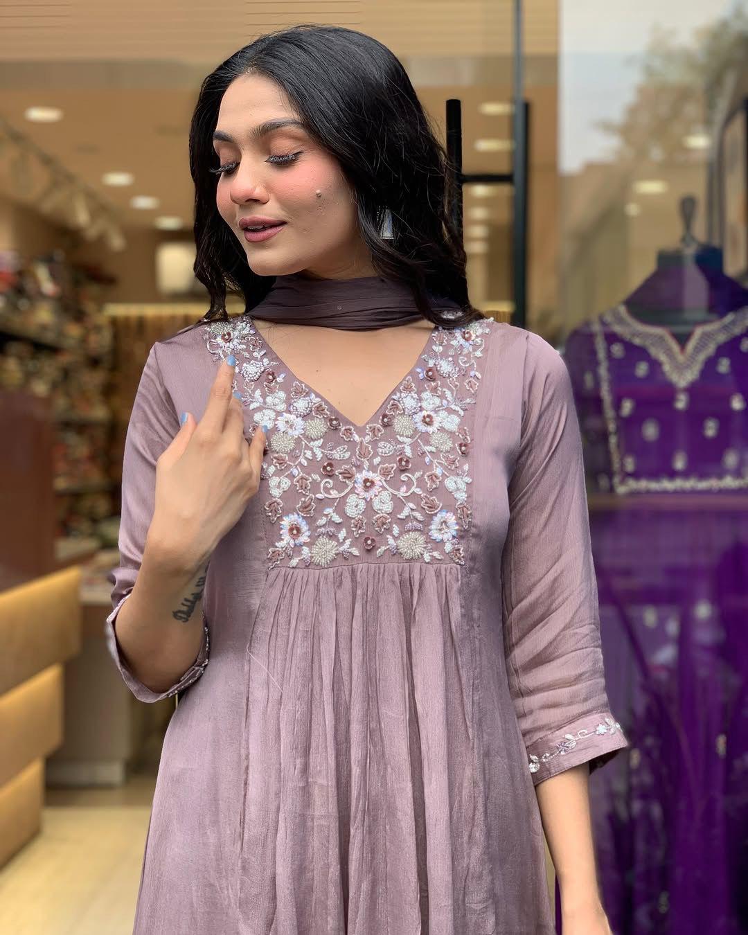 Prominent Rose Quartz Chinon With Embroidery Work Suit Set