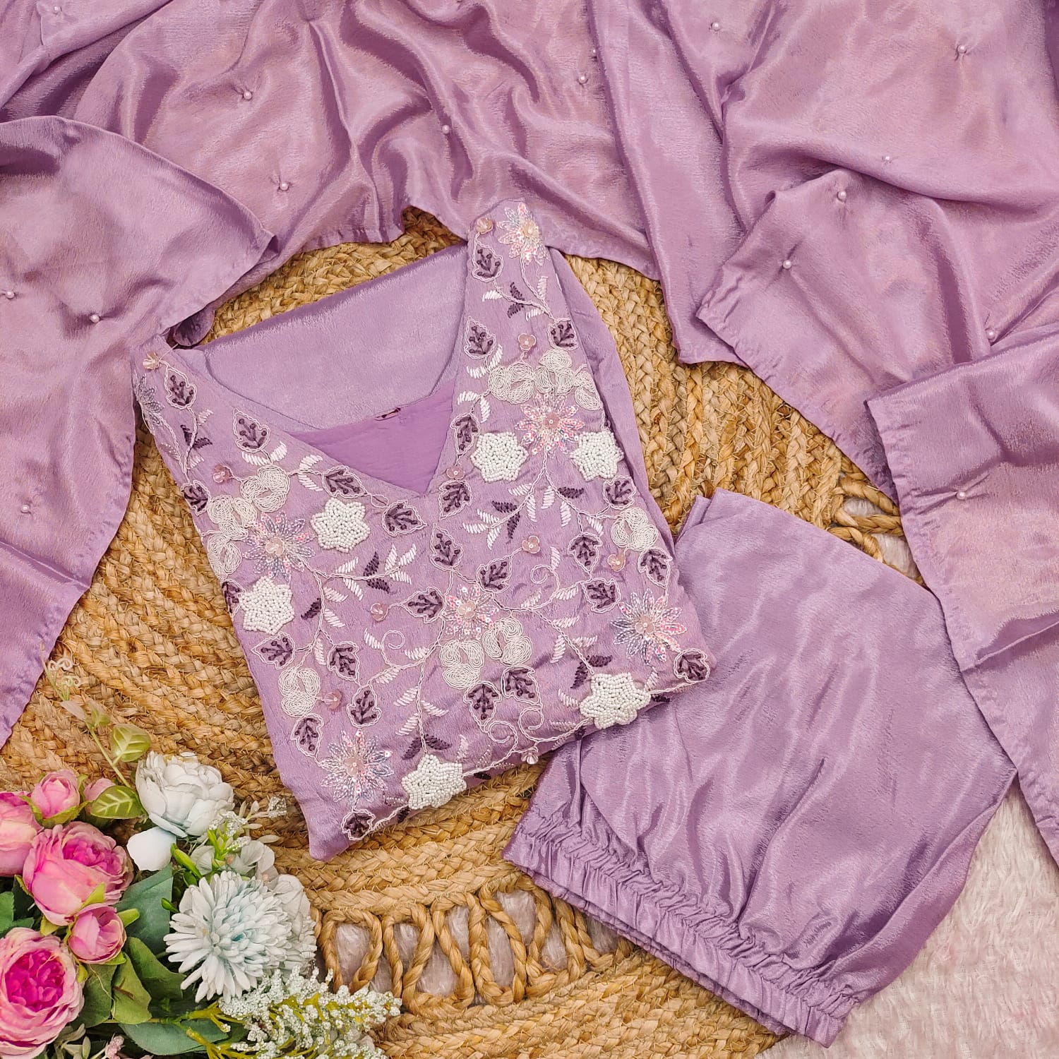Prominent Rose Quartz Chinon With Embroidery Work Suit Set