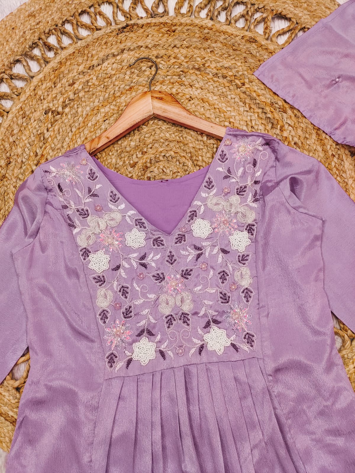 Prominent Rose Quartz Chinon With Embroidery Work Suit Set