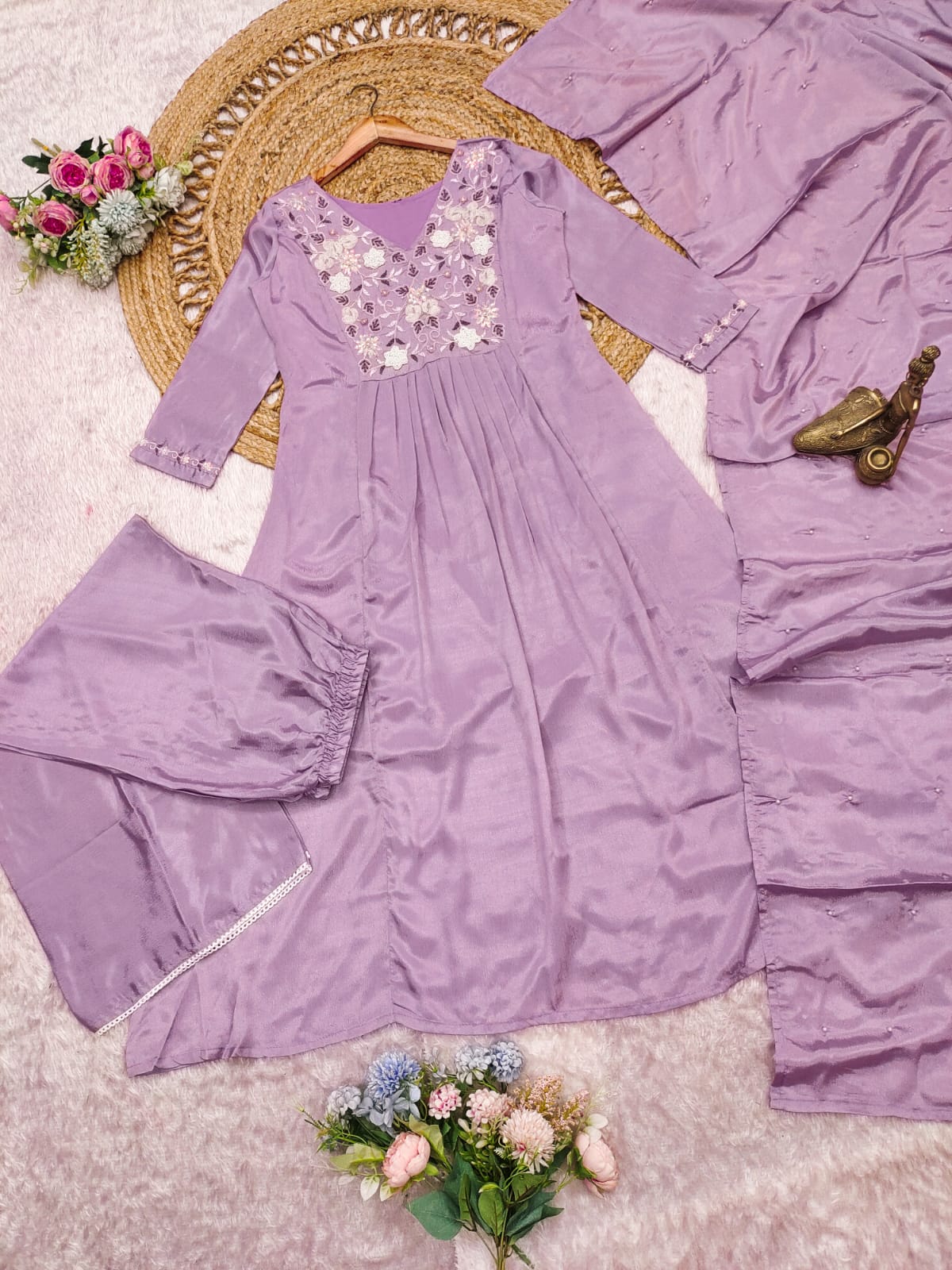 Prominent Rose Quartz Chinon With Embroidery Work Suit Set