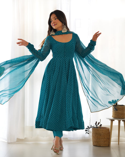 Stunning Teal Blue Laheriya Printed Georgette Anarkali Pant Suit