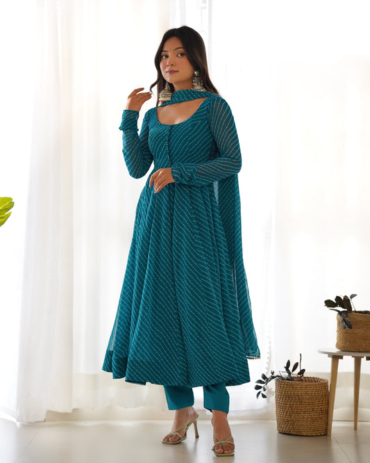 Stunning Teal Blue Laheriya Printed Georgette Anarkali Pant Suit