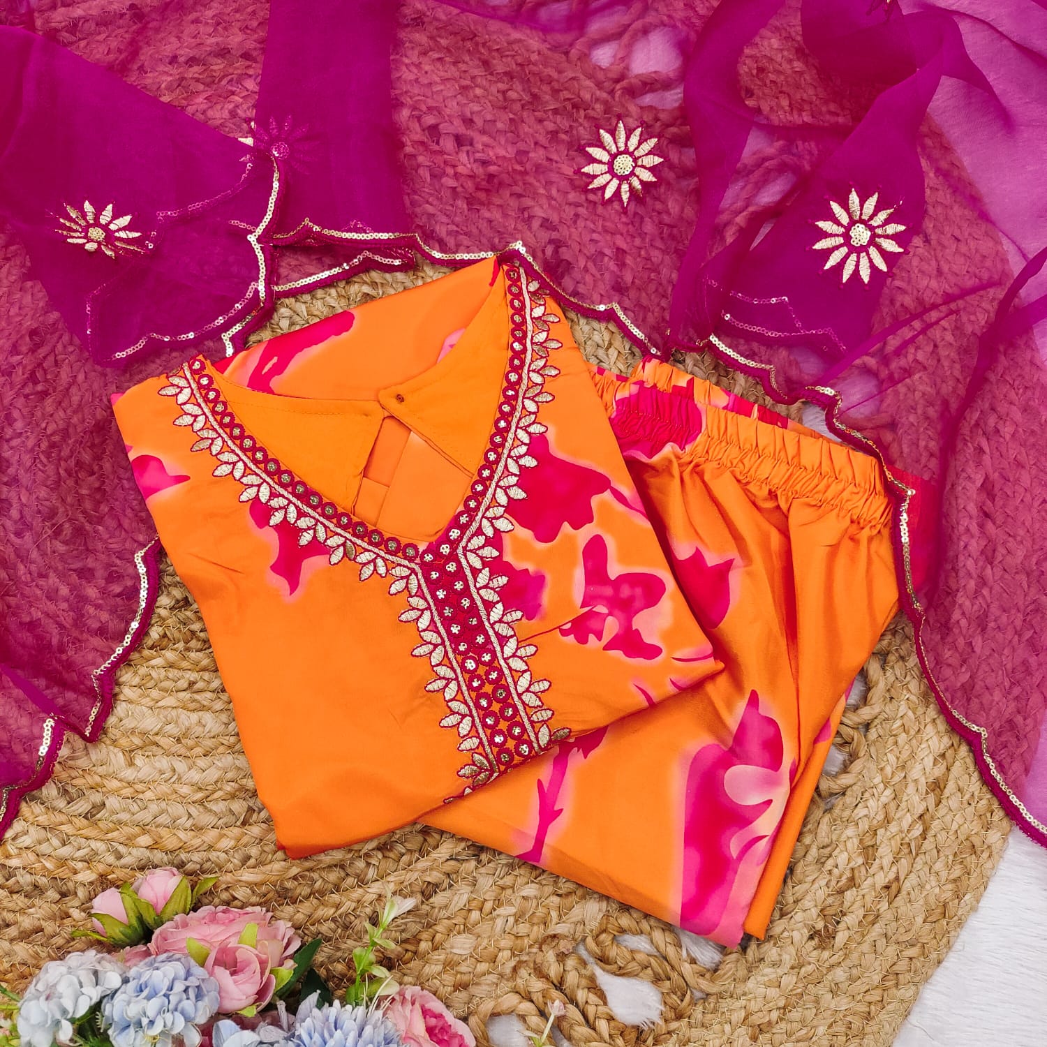 Orange Crepe Digital Printed With Embroidery Sharara Suit Set