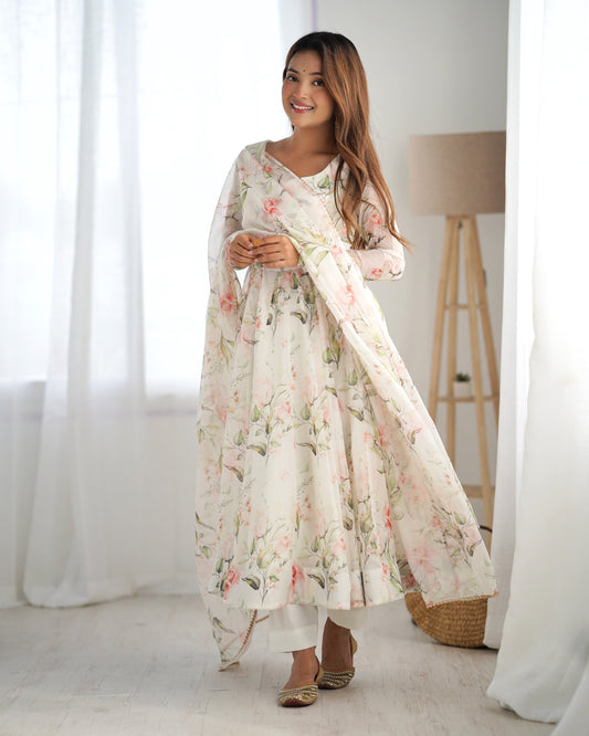 Fancy Off White Floral Printed Organza Anarkali Suit For Women