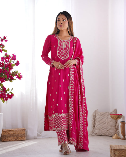 Gorgeous Pink Sequins Chinon Silk Party Wear Palazzo Suit