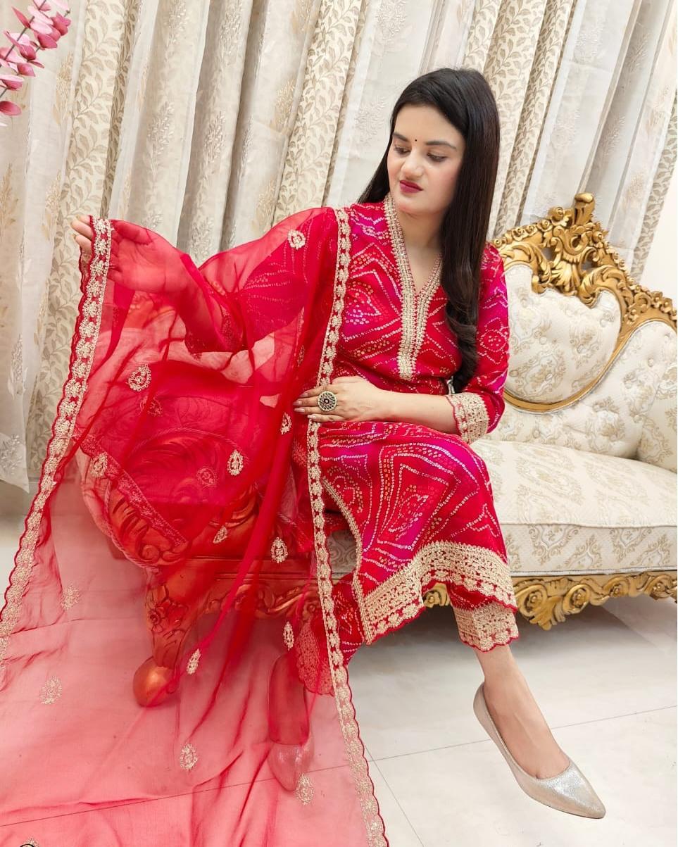 Pleasing Red Cotton Embroidery Work With Bandhani Printed Suit Set