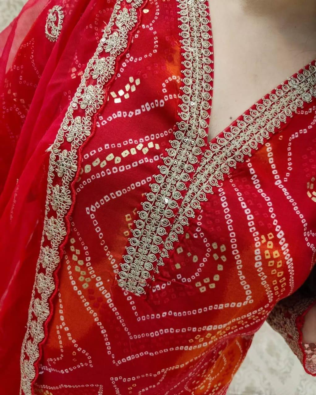 Pleasing Red Cotton Embroidery Work With Bandhani Printed Suit Set