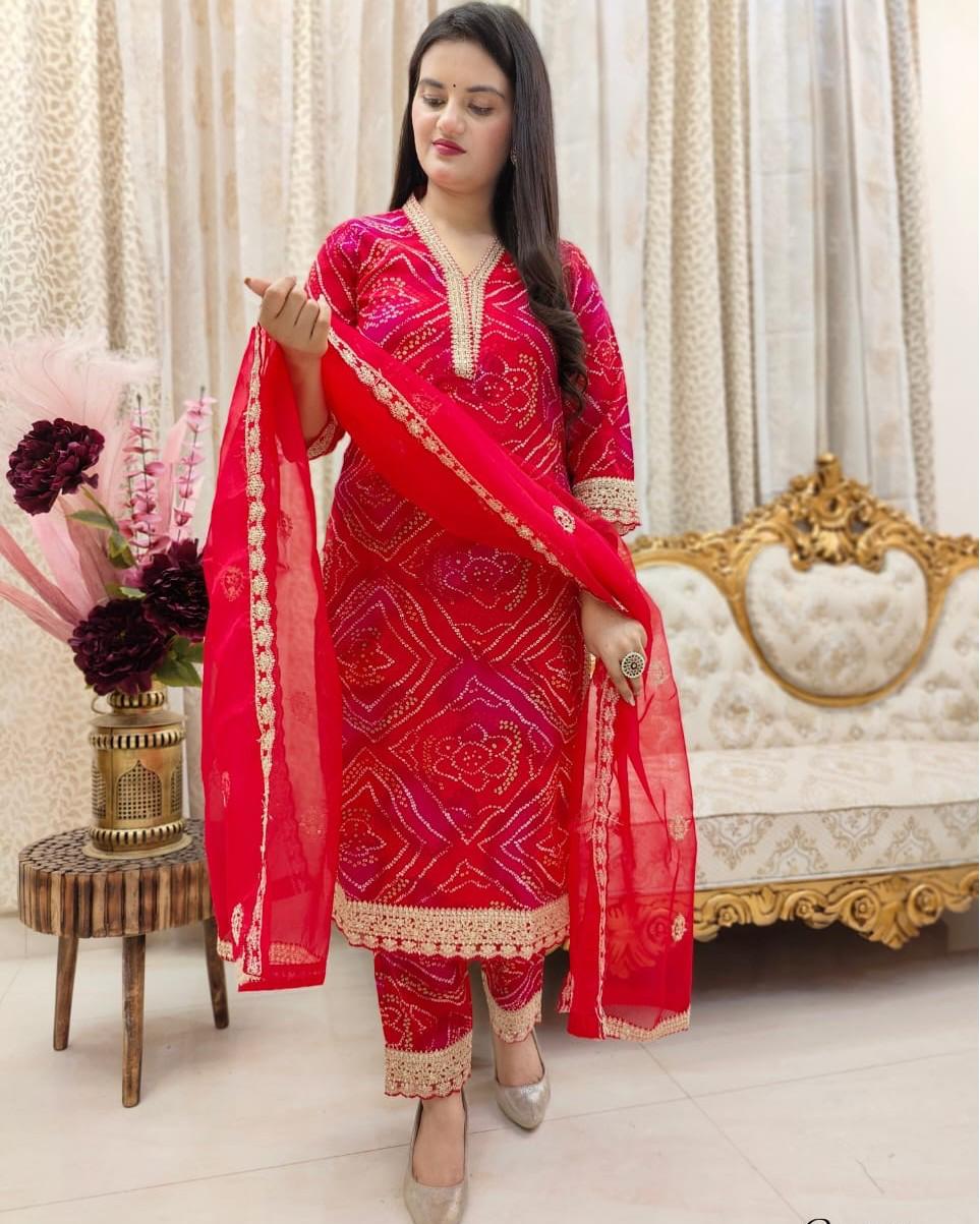 Pleasing Red Cotton Embroidery Work With Bandhani Printed Suit Set