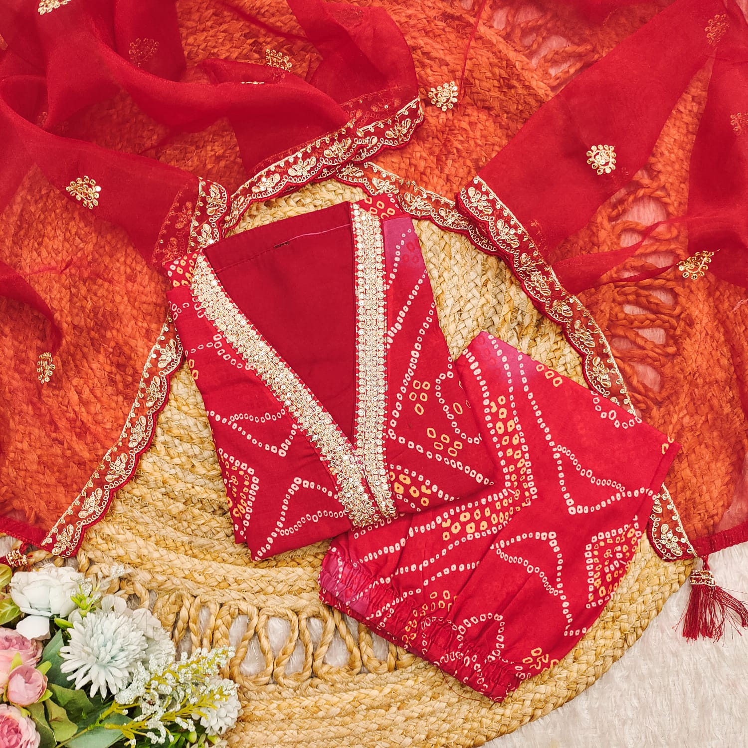 Pleasing Red Cotton Embroidery Work With Bandhani Printed Suit Set