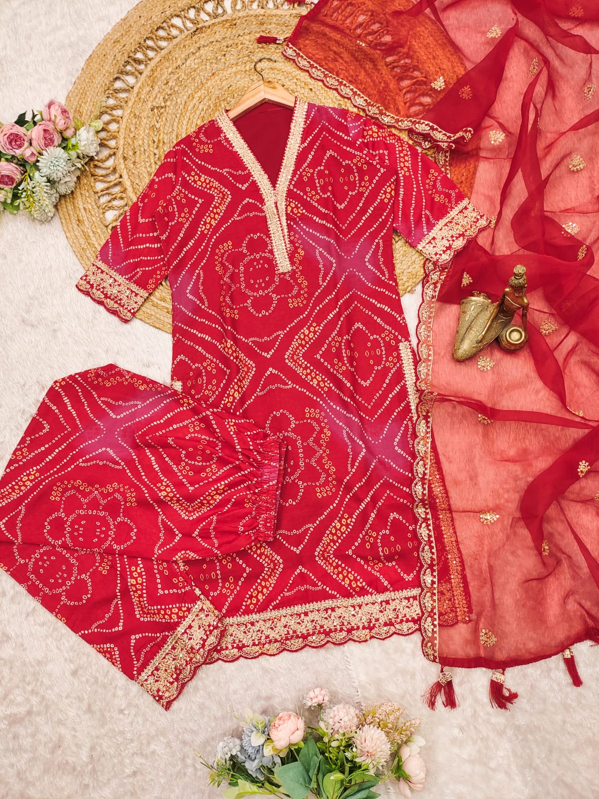 Pleasing Red Cotton Embroidery Work With Bandhani Printed Suit Set