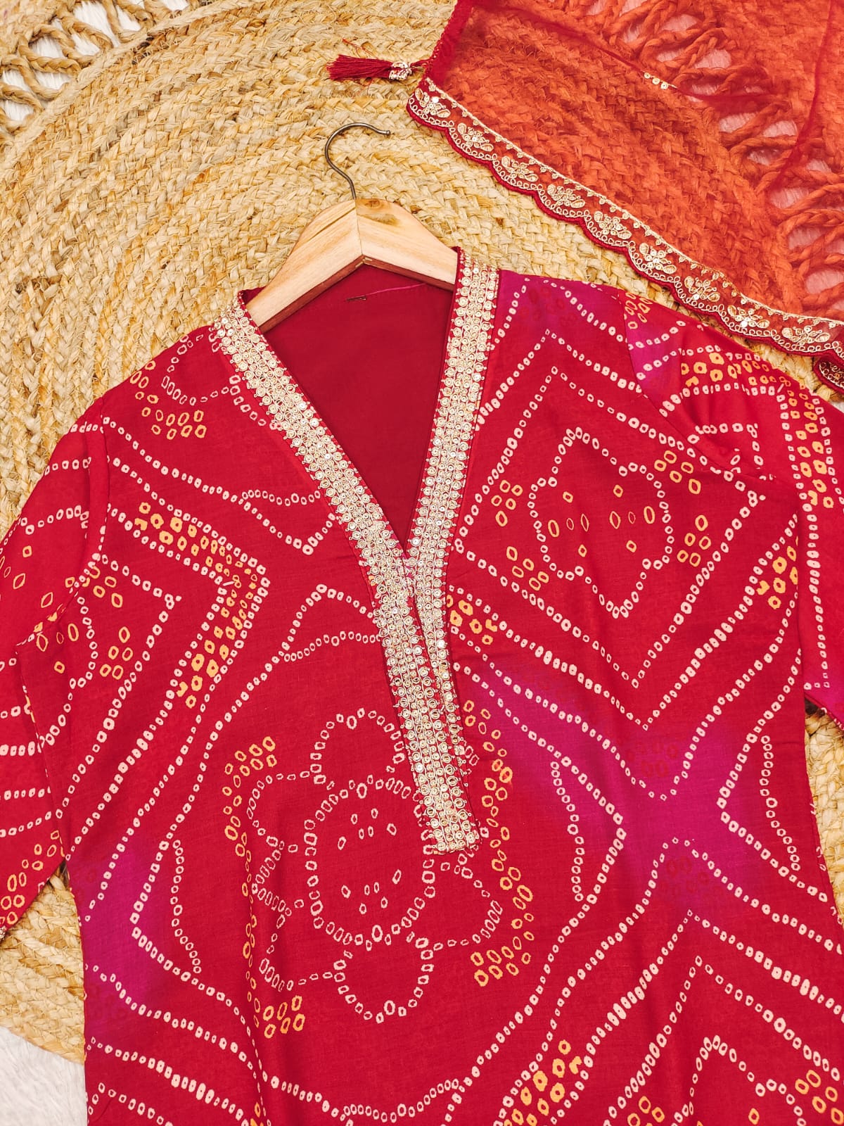 Pleasing Red Cotton Embroidery Work With Bandhani Printed Suit Set