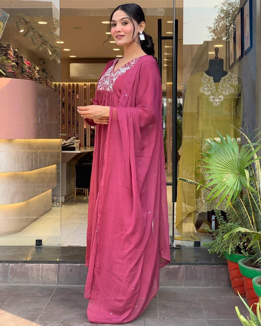 Attractive Deep Rose Viscose Chinon With Embroidery Work Suit Set