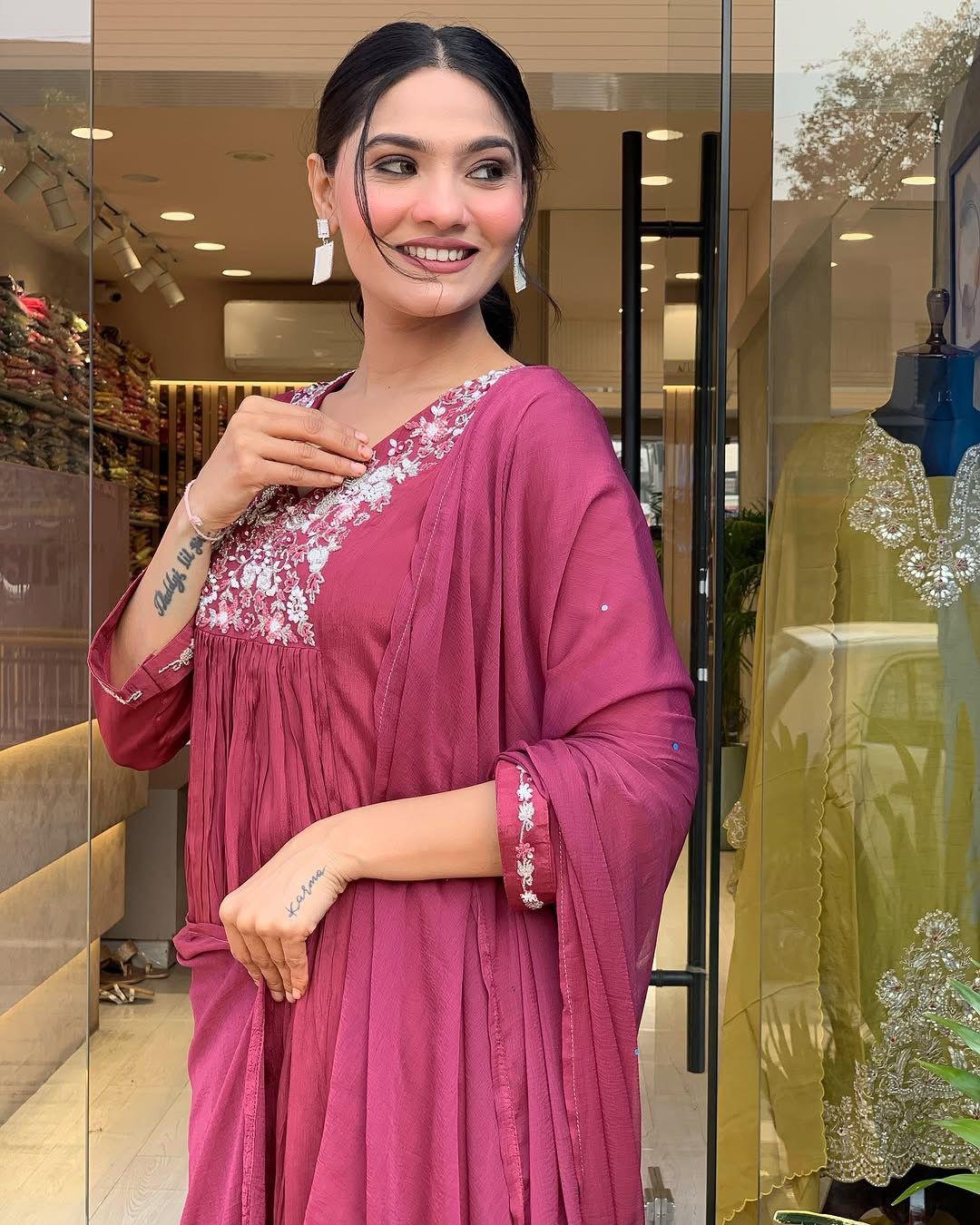 Attractive Deep Rose Viscose Chinon With Embroidery Work Suit Set