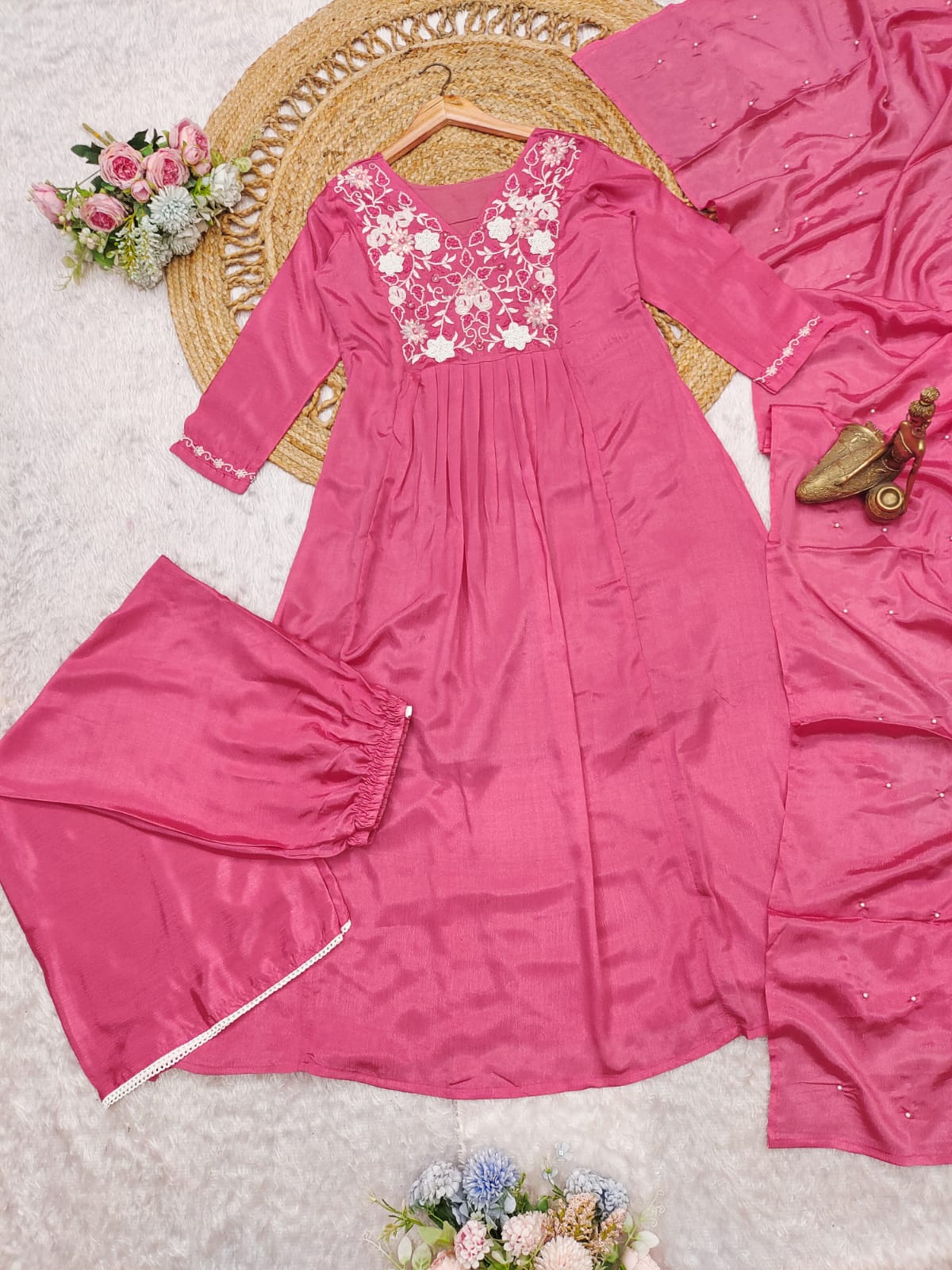 Attractive Deep Rose Viscose Chinon With Embroidery Work Suit Set