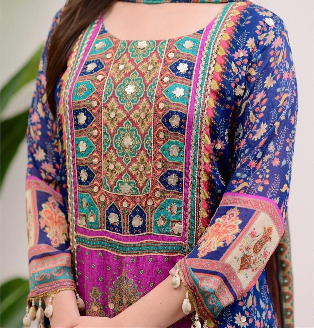 Epiphany Blue Chinon With Gota And Cowry Suit Set