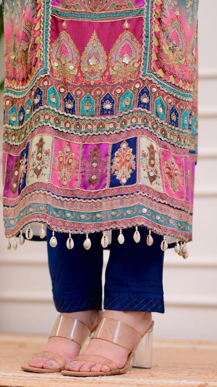 Epiphany Blue Chinon With Gota And Cowry Suit Set